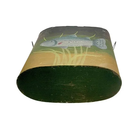 Magazine Holder Fish Painting Tin Bin with Trout Design vintage Rustic Decor